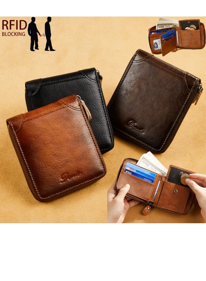 Dante Men's Wallet Genuine Leather Short Zipper Top Layer Cowhide Anti-theft Card Swiping Wallet Brown - Image 4