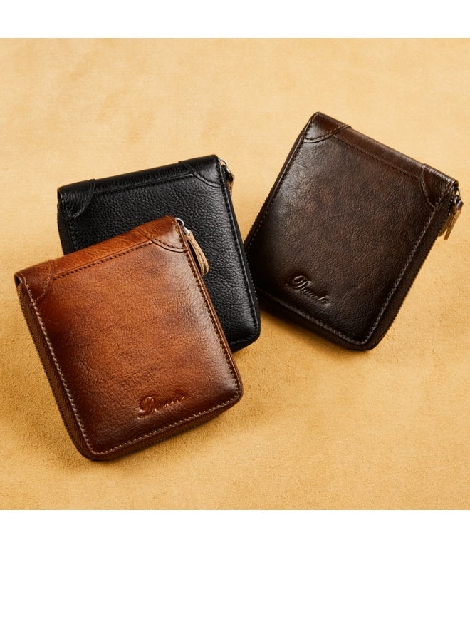 Dante Men's Wallet Genuine Leather Short Zipper Top Layer Cowhide Anti-theft Card Swiping Wallet Brown - Image 2