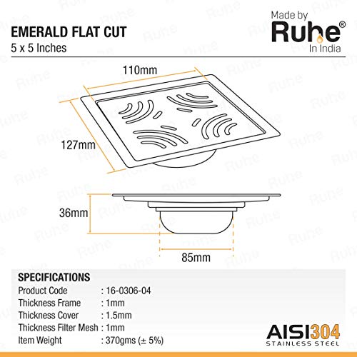 Ruhe® Emerald Floor Drain/Jali | 304 Grade Stainless Steel Emerald Floor Drain/Jali Square with Trap Set of 2 (6 x 6 inches) - Image 2