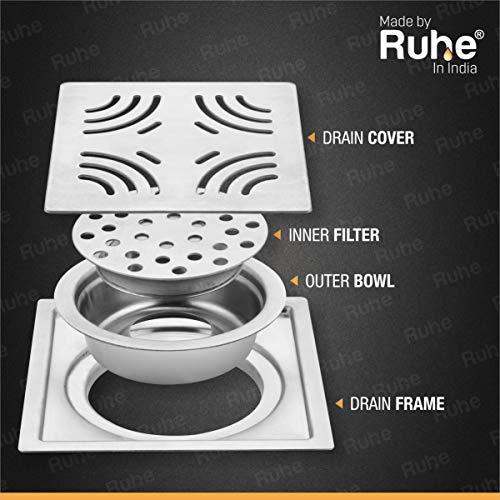 Ruhe® Emerald Floor Drain/Jali | 304 Grade Stainless Steel Emerald Floor Drain/Jali Square with Trap Set of 2 (6 x 6 inches) - Image 3