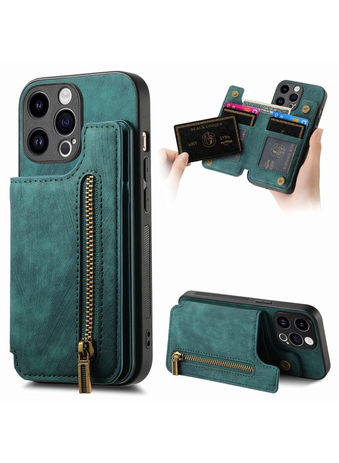 جرين تايجر حافظة هاتف خلفية بسحاب من الجلد بتصميم كلاسيكي لهاتف iPhone 15 Pro (أخضر)