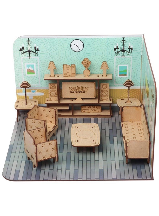 Webby DIY Paint Your Pre-Assembled Living Room Furniture Wooden Dollhouse Kit for Kids - Image 4