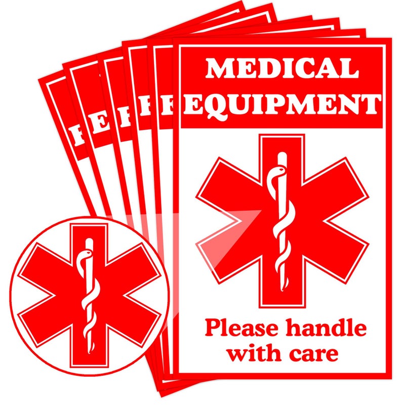SMARSTICKER Medical Alert Equipment Luggage Tag Stickers 2x3 inch Handle with Care Labels for Medical Supplies 8 Pack Red