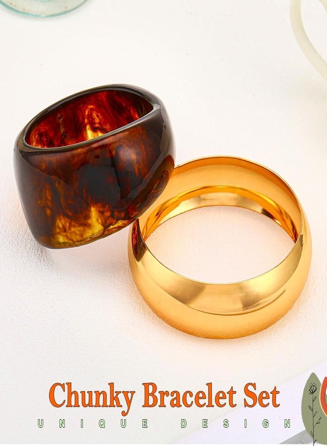 ACEDRE Chunky Resin Bangle Bracelet Set Gold Round Acrylic Wide Wristbands Statement 2PCS Jewelry for Women - Image 2