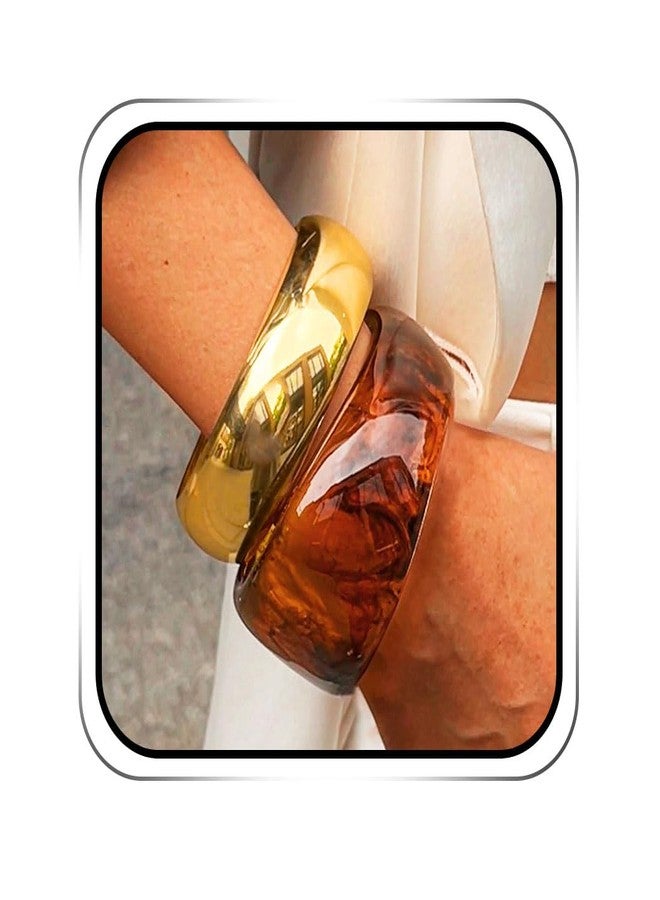 ACEDRE Chunky Resin Bangle Bracelet Set Gold Round Acrylic Wide Wristbands Statement 2PCS Jewelry for Women - Image 1
