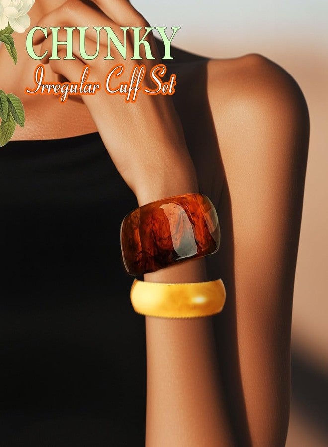 ACEDRE Chunky Resin Bangle Bracelet Set Gold Round Acrylic Wide Wristbands Statement 2PCS Jewelry for Women - Image 5