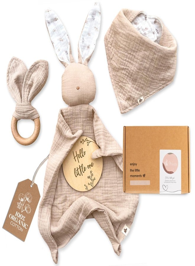 Mikito Organic Cotton Newborn Gift Box, Unisex Baby Gift Set incl. Muslin Lovey Comforter + Bandana Bib + Wooden Teether + Birth Announcement Sign - Image 1