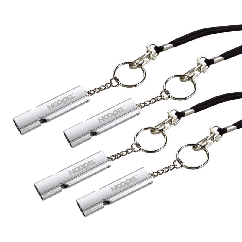 Noopel Emergency Whistles Lifeguard Safety Whistle with Lanyard and Keychain for Outdoor Camping Hiking Boating Hunting Fishing Kayak Kids Rescue Signaling Loud Survival Whistle (4 Pack Silver) - Image 1