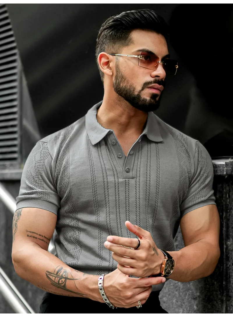 Maniac Maniac Mens Solid Textured Polo Neck Half Sleeve Grey Cotton T-Shirt