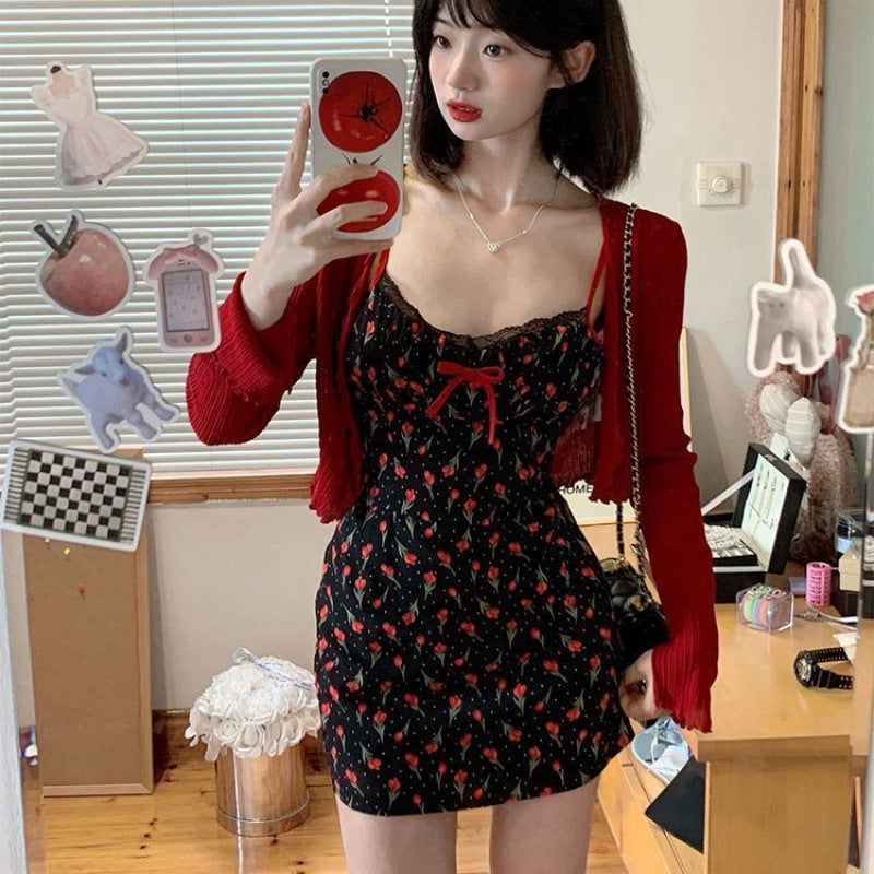 plus size chubby girl French Style Hot Girl Floral Sling dress Womens Summer Gentle Sweet Hip Short Skirt suit White Cardigan - Image 5
