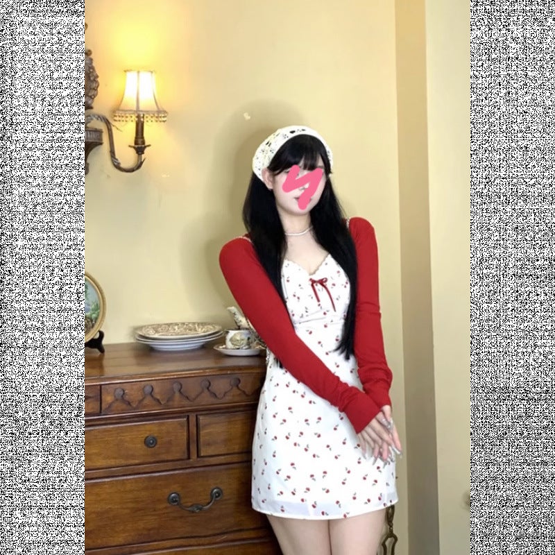 plus size chubby girl French Style Hot Girl Floral Sling dress Womens Summer Gentle Sweet Hip Short Skirt suit White Cardigan - Image 1