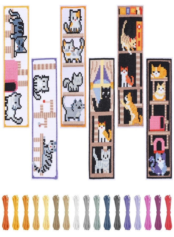 FREEBLOSS 6 Set Cross Stitch Bookmark Kits Bookmark Embroidery Kit Counted Crossstitch Projects Cat and Book Pattern Cross Stitch Bookmarks Cross Stitch Kit for Beginners Adults, Small, Brown - Image 1