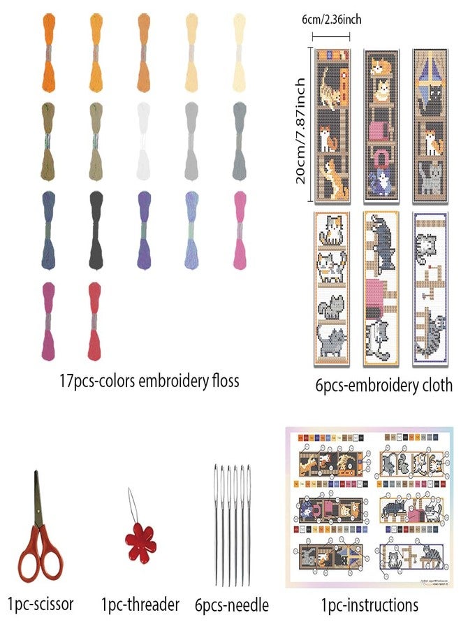 FREEBLOSS 6 Set Cross Stitch Bookmark Kits Bookmark Embroidery Kit Counted Crossstitch Projects Cat and Book Pattern Cross Stitch Bookmarks Cross Stitch Kit for Beginners Adults, Small, Brown - Image 2