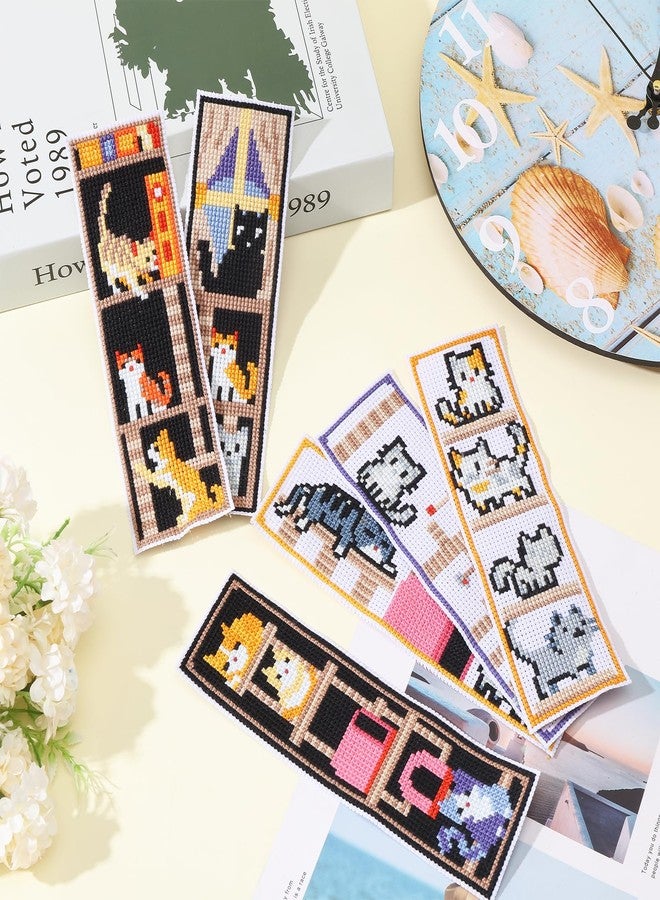 FREEBLOSS 6 Set Cross Stitch Bookmark Kits Bookmark Embroidery Kit Counted Crossstitch Projects Cat and Book Pattern Cross Stitch Bookmarks Cross Stitch Kit for Beginners Adults, Small, Brown - Image 4