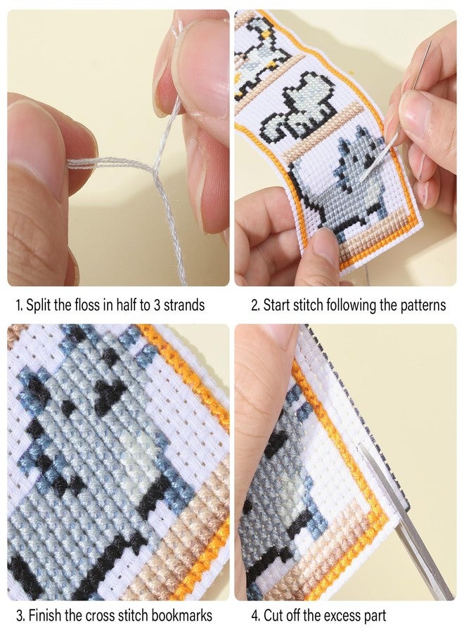 FREEBLOSS 6 Set Cross Stitch Bookmark Kits Bookmark Embroidery Kit Counted Crossstitch Projects Cat and Book Pattern Cross Stitch Bookmarks Cross Stitch Kit for Beginners Adults, Small, Brown - Image 3
