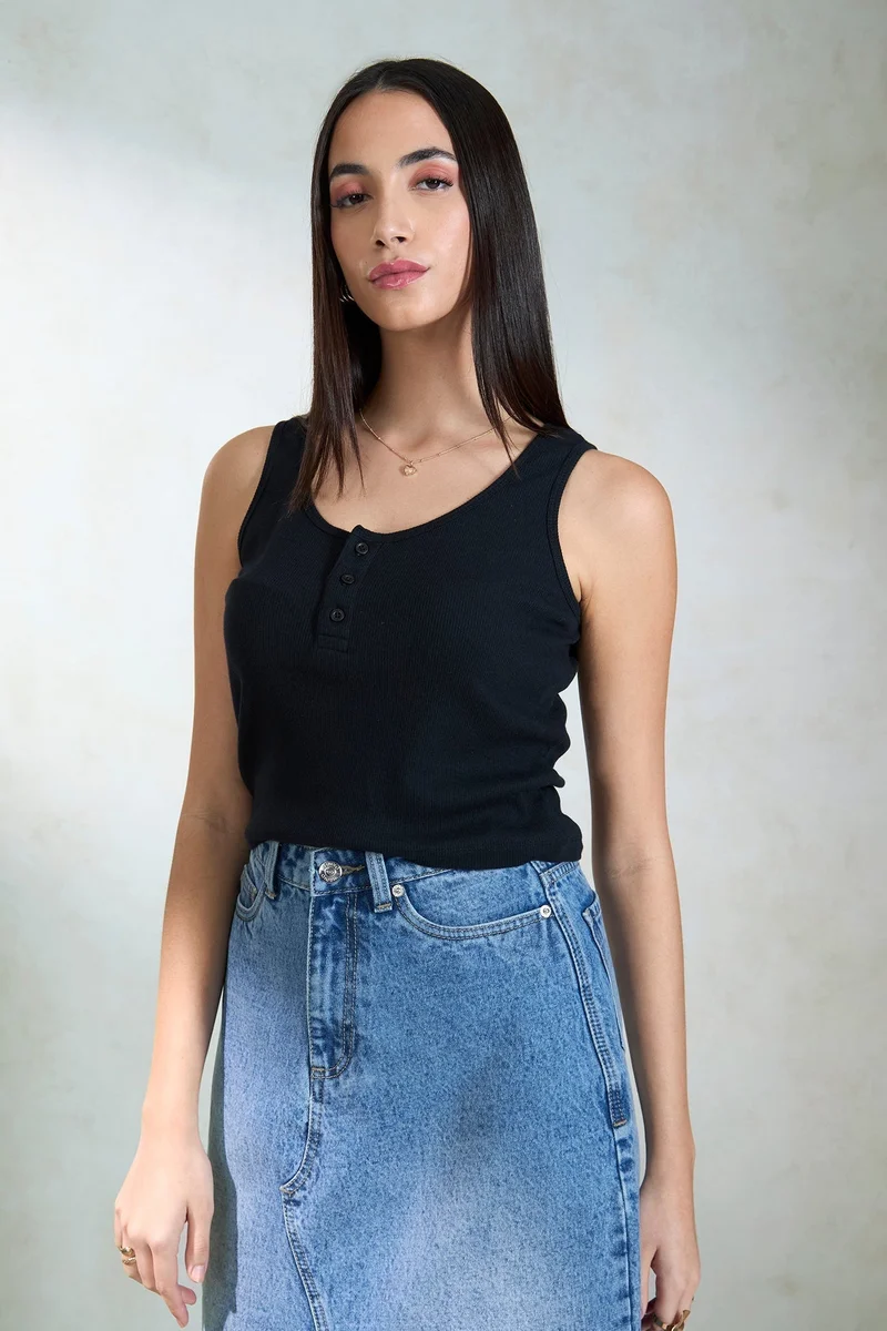 Virgio VIRGIO 100% Cotton Black Sleeveless Scoopneck Top