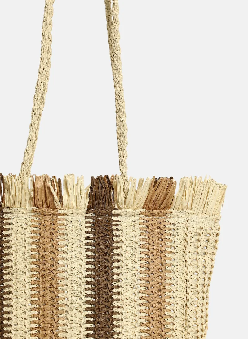 Haute Sauce Striped Zip Lock Regular Jute Hand Bag For Women
