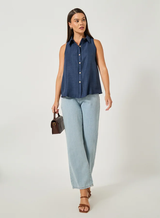 Take Two Take Two Solid Sleeveless Buttoned Spread Collar Blouse