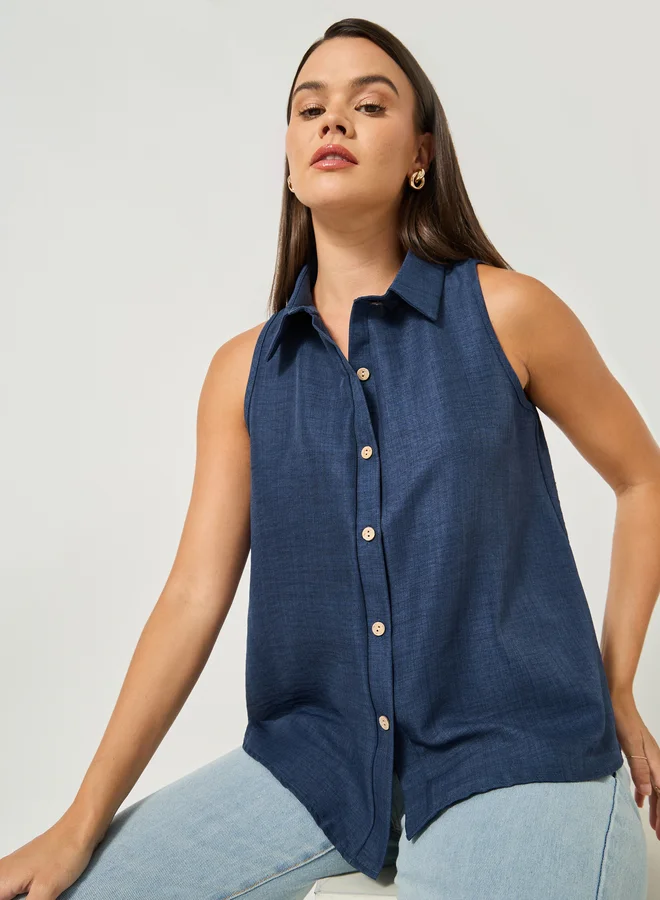 Take Two Take Two Solid Sleeveless Buttoned Spread Collar Blouse