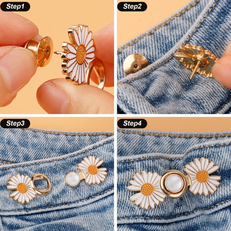 TOOVREN Pant Waist Tightener, Detachable Jean Buttons for Loose Jeans, No Sew and No Tools Button Pins for Jeans, Adjustable Jean Buttons Pins, Daisy Flower Instant Pants Button Tightener 4 Sets - Image 5