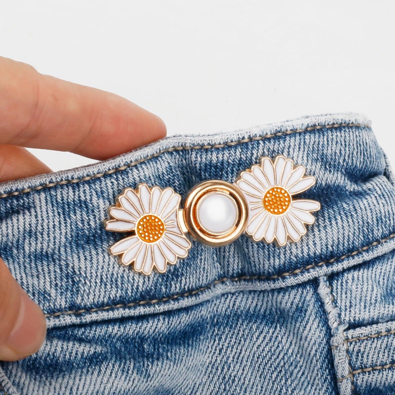TOOVREN Pant Waist Tightener, Detachable Jean Buttons for Loose Jeans, No Sew and No Tools Button Pins for Jeans, Adjustable Jean Buttons Pins, Daisy Flower Instant Pants Button Tightener 4 Sets - Image 3