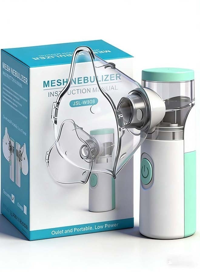 صورة العالمة جهاز رذاذ شبكي محمول، جهاز تبخير صغير محمول باليد، جهاز استنشاق بالبخار بالموجات فوق الصوتية للبالغين والأطفال، يعمل عبر USB وبطاريات AA، مزود بخاصية التنظيف التلقائي مع أقنعة وقطع فموية لمشاكل التنفس. - Image 1