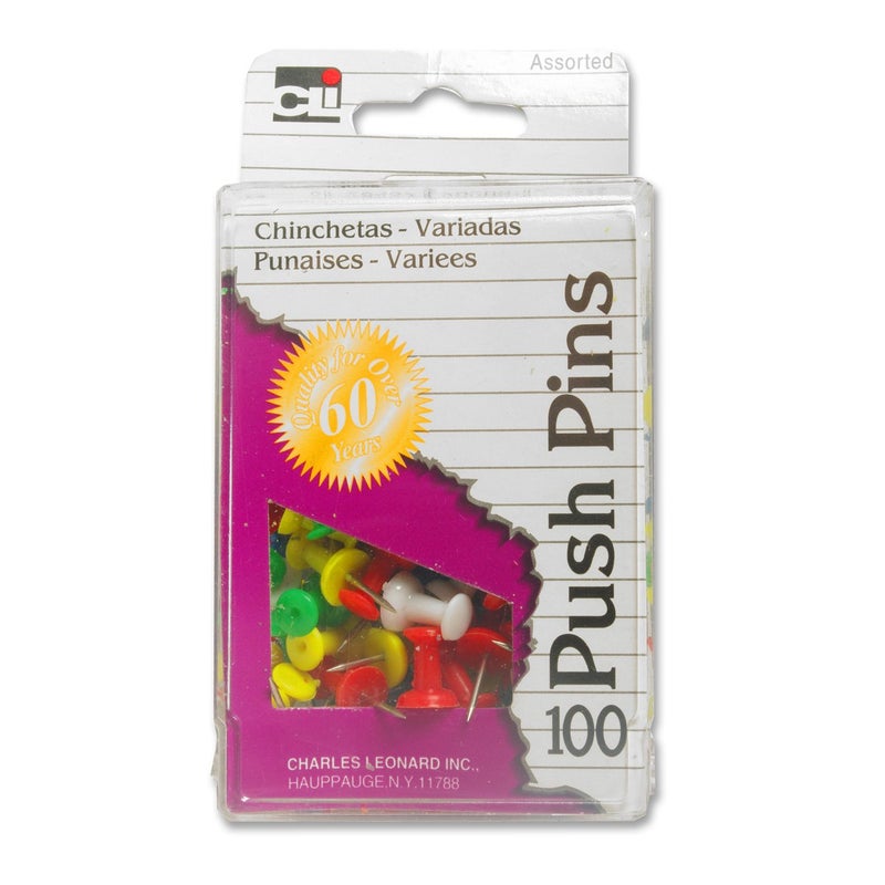 Charles Leonard Push Pins Assorted Colors 100Pack 200AR