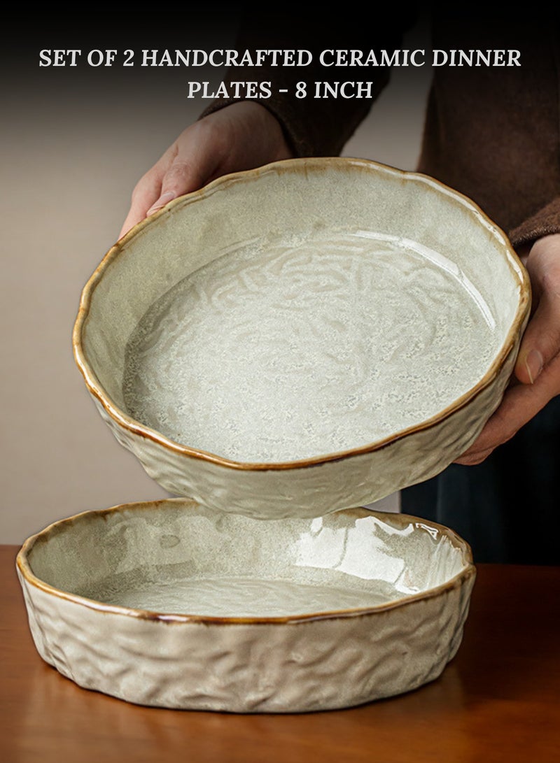 Set of 2 Handcrafted Ceramic Dinner Plates 8 inch 900ml - Light Beige Uniquely Shaped, Perfect Housewarming Gift, Artisan Stoneware Serving Plates, Ideal for Pasta, Salad, Main Course & Modern Farmhouse Kitchen Tableware - Image 1