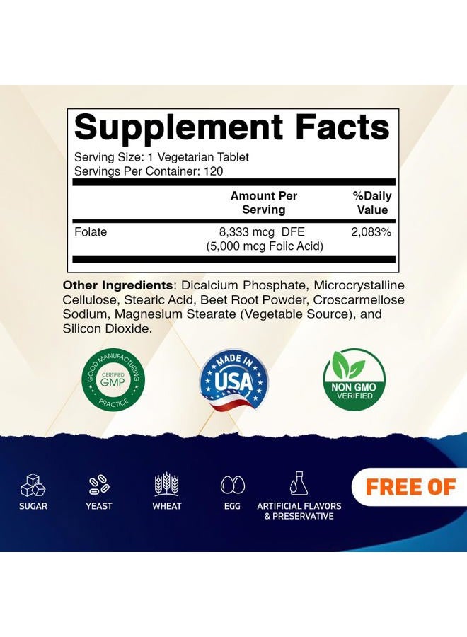 Vitamatic حمض الفوليك 5 ملغ (5000 ميكروغرام) - 120 قرص نباتي - (فيتامين ب9 فولات) - Image 2