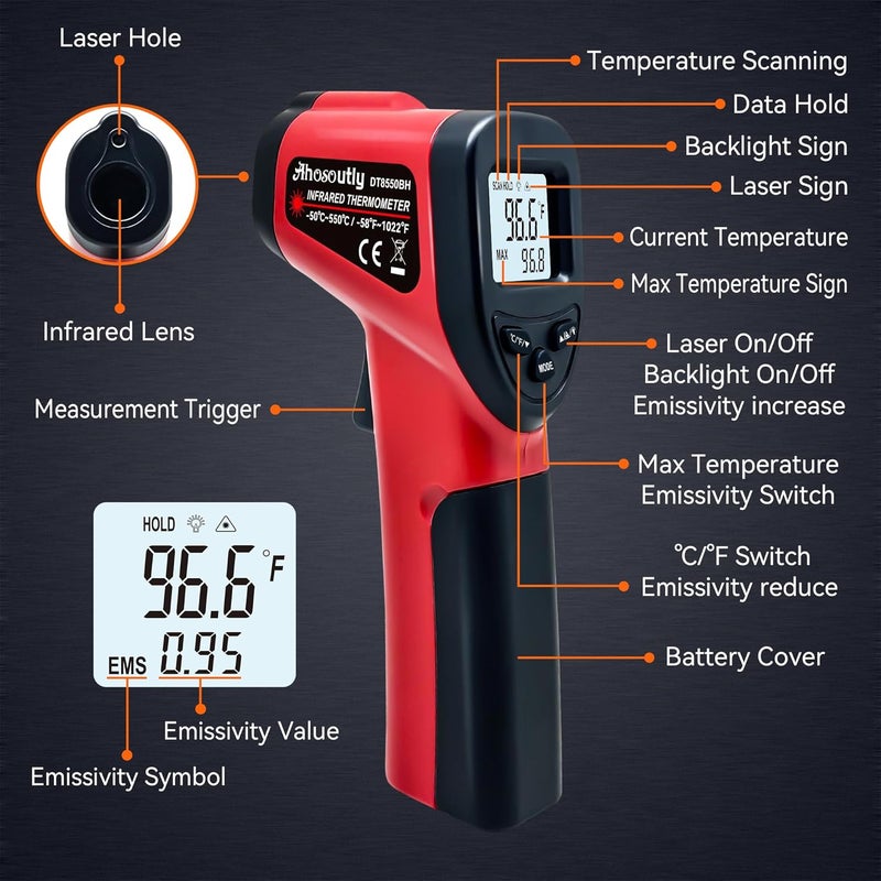 AHOSOUTLY Infrared Thermometer Temperature Gun (NOT for Humans) -58℉~1022℉ (-50℃～550℃) 9-Point Laser Non-Contact Instant-Read Digital Laser Infrared Ir Thermometer with Backlight - Image 4