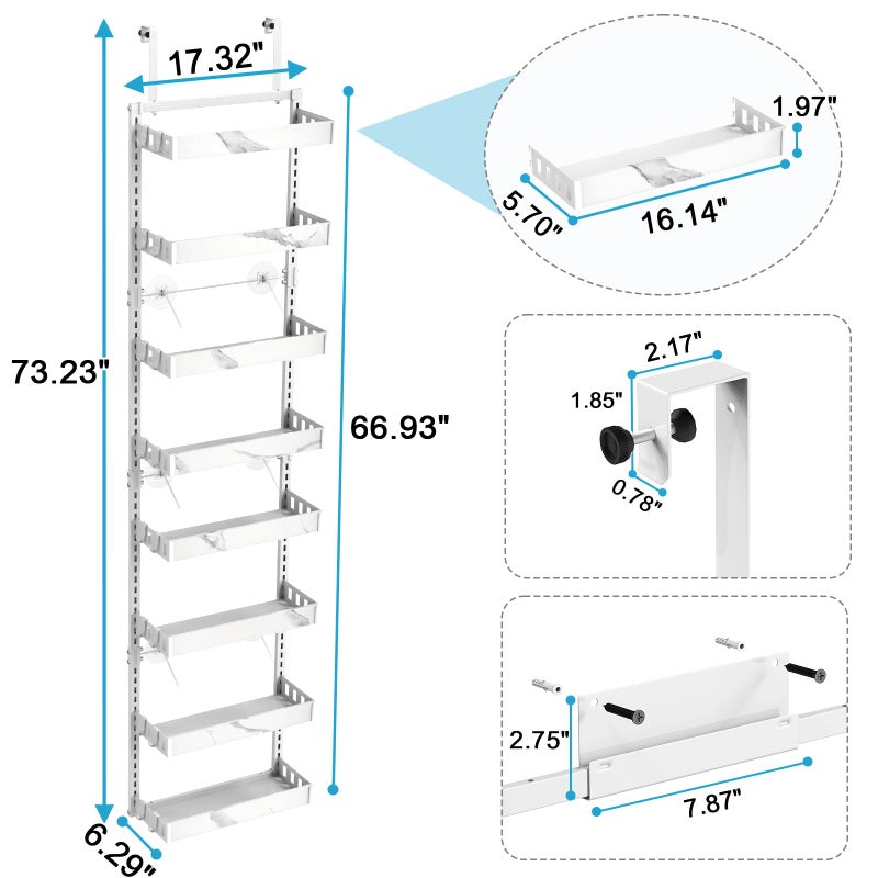 bukfen Over the Door Pantry Organizer,8-Tier Adjustable Basket Kitchen Pantry Door Organization and Storage, Heavy-Duty Metal Hanging Kitchen Spice Rack,D6.3 x W17.32 x H66.93 inch,White Marble Color - Image 3