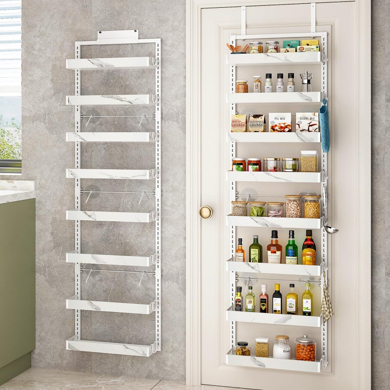bukfen Over the Door Pantry Organizer,8-Tier Adjustable Basket Kitchen Pantry Door Organization and Storage, Heavy-Duty Metal Hanging Kitchen Spice Rack,D6.3 x W17.32 x H66.93 inch,White Marble Color - Image 1