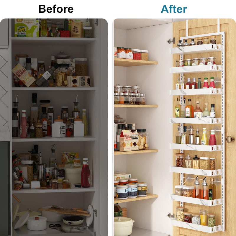 bukfen Over the Door Pantry Organizer,8-Tier Adjustable Basket Kitchen Pantry Door Organization and Storage, Heavy-Duty Metal Hanging Kitchen Spice Rack,D6.3 x W17.32 x H66.93 inch,White Marble Color - Image 5