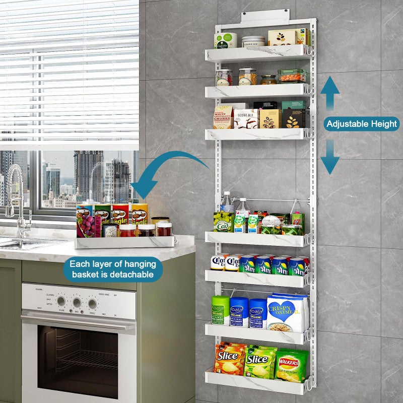 bukfen Over the Door Pantry Organizer,8-Tier Adjustable Basket Kitchen Pantry Door Organization and Storage, Heavy-Duty Metal Hanging Kitchen Spice Rack,D6.3 x W17.32 x H66.93 inch,White Marble Color - Image 4