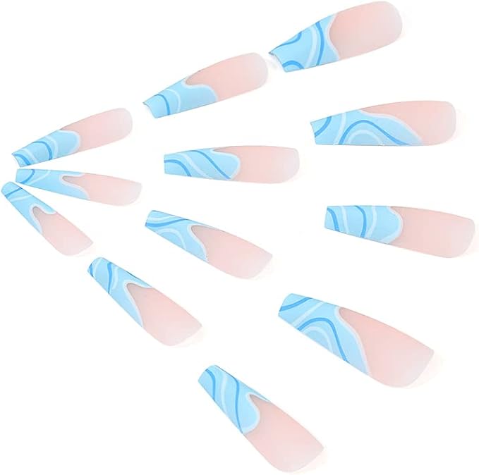 Brishow Brishow Coffin Long StickOn Nails Pink and Blue Spray PressOn Ballerina Acrylic French Fake Nails 24pcs for Women and Girls Blue  - Image 4