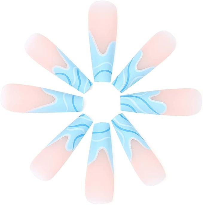 Brishow Brishow Coffin Long StickOn Nails Pink and Blue Spray PressOn Ballerina Acrylic French Fake Nails 24pcs for Women and Girls Blue  - Image 5