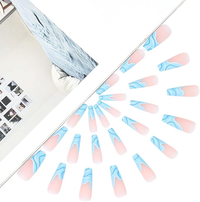 Brishow Brishow Coffin Long StickOn Nails Pink and Blue Spray PressOn Ballerina Acrylic French Fake Nails 24pcs for Women and Girls Blue  - Image 2