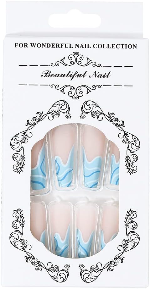 Brishow Brishow Coffin Long StickOn Nails Pink and Blue Spray PressOn Ballerina Acrylic French Fake Nails 24pcs for Women and Girls Blue  - Image 3