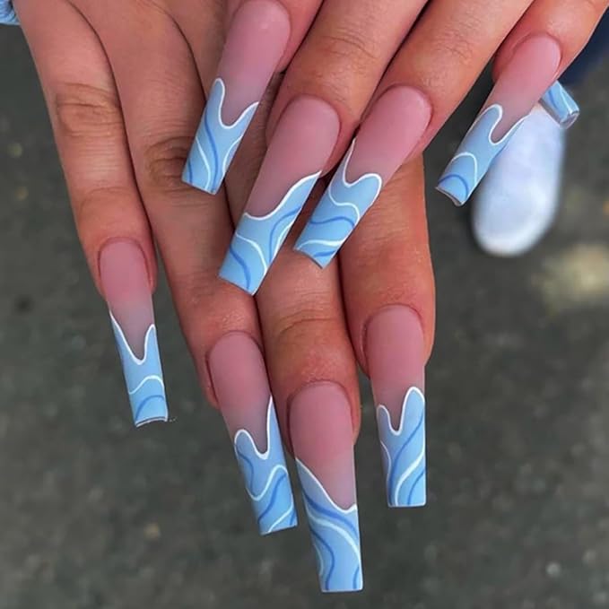 Brishow Brishow Coffin Long StickOn Nails Pink and Blue Spray PressOn Ballerina Acrylic French Fake Nails 24pcs for Women and Girls Blue  - Image 1