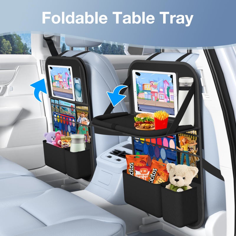 Oneyus Car Backseat Organizer with Table Tray(2-Pack) 9 Storage Pockets Backseat Car Organizer and storage with Tablet Holder, Kick Mats Back Seat Cover for Kids family Road Trip Essentials Travel - Image 2
