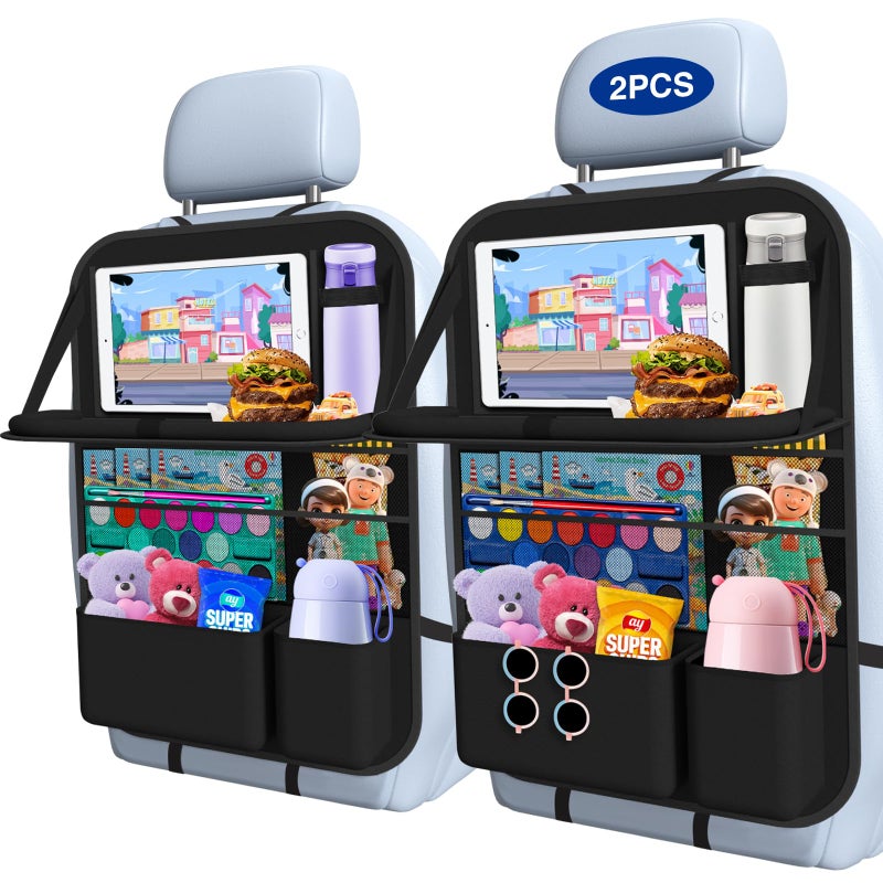Oneyus Car Backseat Organizer with Table Tray(2-Pack) 9 Storage Pockets Backseat Car Organizer and storage with Tablet Holder, Kick Mats Back Seat Cover for Kids family Road Trip Essentials Travel - Image 1