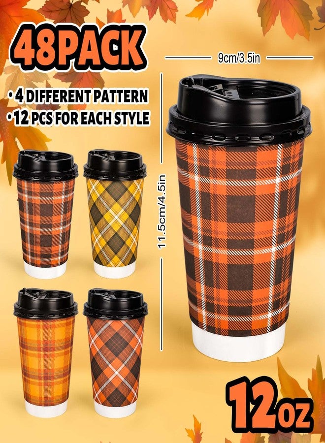 JarThenaAMCS 48Pcs Fall Buffalo Plaid Paper Cups Autumn Checkered Disposable Coffee Cups with Lids for Thanksgiving Birthday Holiday Party Coffee Bar Decor Supplies Hot Cold Drinks Beverage, 12 Oz - Image 2