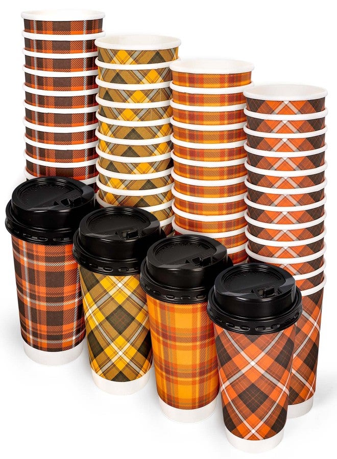 JarThenaAMCS 48Pcs Fall Buffalo Plaid Paper Cups Autumn Checkered Disposable Coffee Cups with Lids for Thanksgiving Birthday Holiday Party Coffee Bar Decor Supplies Hot Cold Drinks Beverage, 12 Oz - Image 1