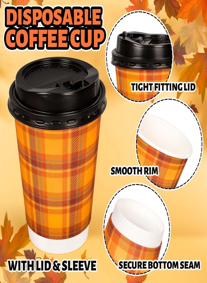JarThenaAMCS 48Pcs Fall Buffalo Plaid Paper Cups Autumn Checkered Disposable Coffee Cups with Lids for Thanksgiving Birthday Holiday Party Coffee Bar Decor Supplies Hot Cold Drinks Beverage, 12 Oz - Image 3