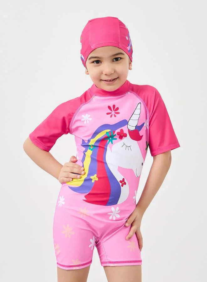 ستايلي Styli Unicorn Graphic Print Swimsuit and Cap Set