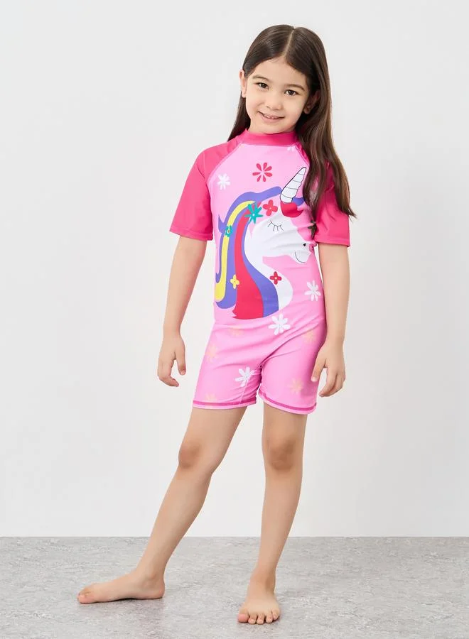 ستايلي Styli Unicorn Graphic Print Swimsuit and Cap Set