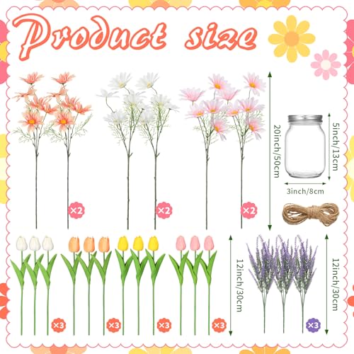 FineCheer 3 Pcs Artificial Flowers with Vase Spring Fake Wildflower Flowers in Vase for Home Decor Lavender Tulip Daisy Faux Floral Arrangement for Table Centerpieces Farmhouse Coffee Table Decor - Image 3