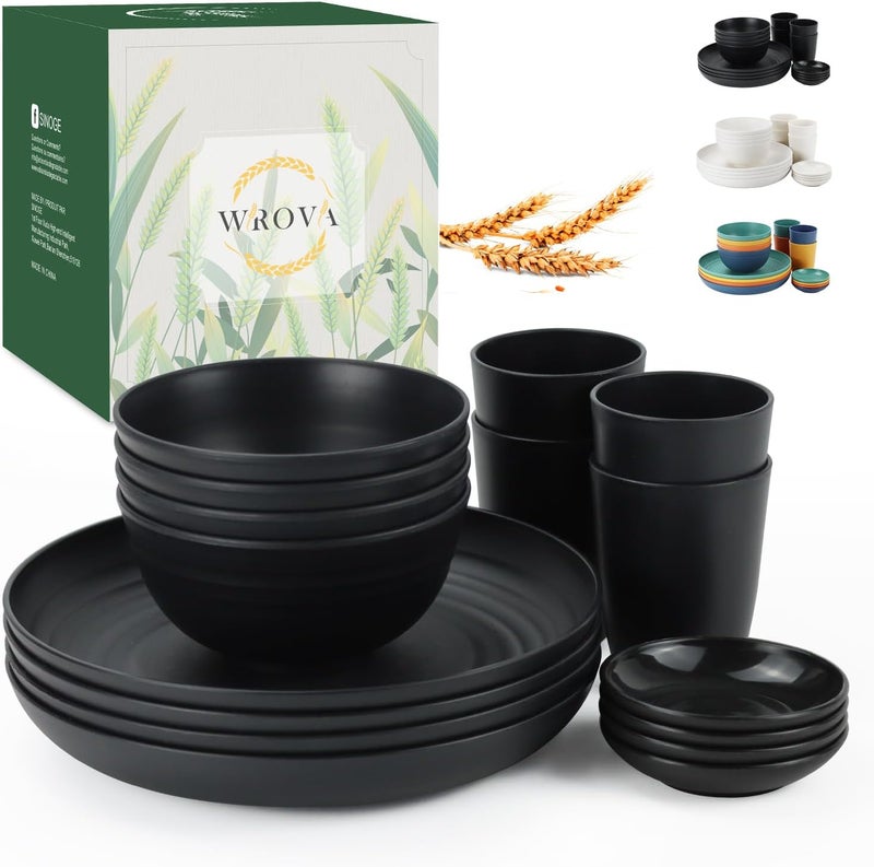 Wrova Wheat straw dinnerware sets of 1610 inches plates26oz bowls2oz dipping bowls12ozcups  Unbreakable plates and bowls sets microwave safe and dishwasher safeservice for 4 Black - Image 1
