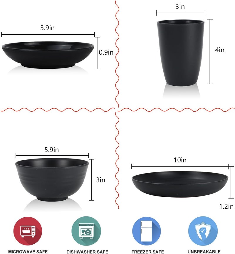 Wrova Wheat straw dinnerware sets of 1610 inches plates26oz bowls2oz dipping bowls12ozcups  Unbreakable plates and bowls sets microwave safe and dishwasher safeservice for 4 Black - Image 2