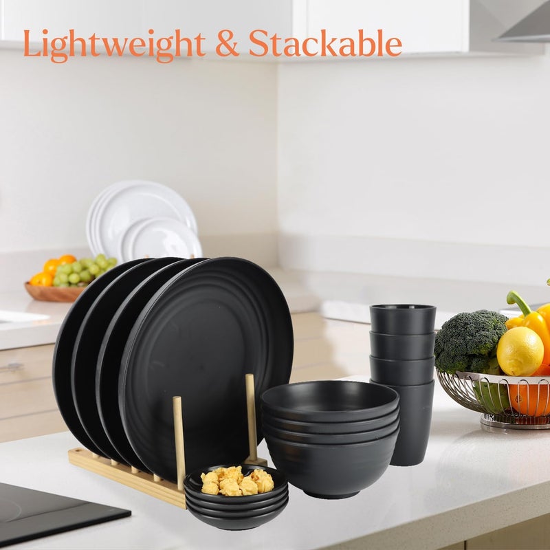 Wrova Wheat straw dinnerware sets of 1610 inches plates26oz bowls2oz dipping bowls12ozcups  Unbreakable plates and bowls sets microwave safe and dishwasher safeservice for 4 Black - Image 4